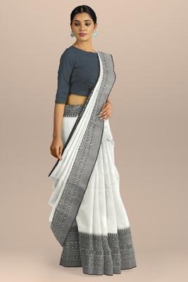 Bong ButiQ Woven Tant Handloom Cotton Blend Saree(White, Black)