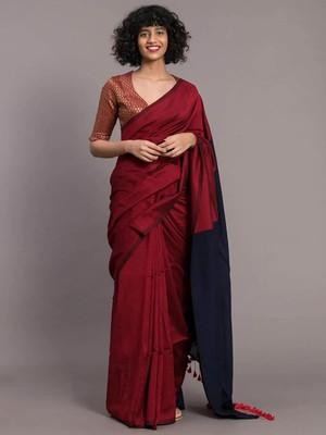 Amita Collections Solid/Plain Daily Wear Pure Cotton Saree(Red, Dark Blue)