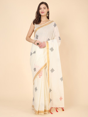 Manvish Drapes Blocked Printed Kasavu Pure Cotton Saree(Multicolor)