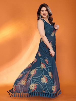 ANOUK Printed Saree with Attached Blouse Chiffon Saree(Blue)