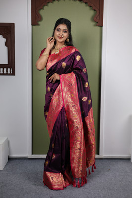 Keswi Fab Woven Banarasi Jacquard, Pure Silk Saree(Magenta, Purple)
