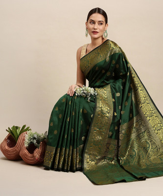 Madhav design Floral Print Banarasi Art Silk, Jacquard Saree(Green)