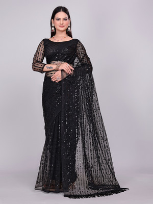 FAMOUS ZONE Embellished, Embroidered Bollywood Net Saree(Black)