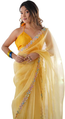 serosaki Solid/Plain Bollywood Organza Saree(Multicolor, Yellow)