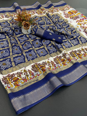 A To Z Cart Printed Bandhani Silk Blend Saree(Dark Blue)