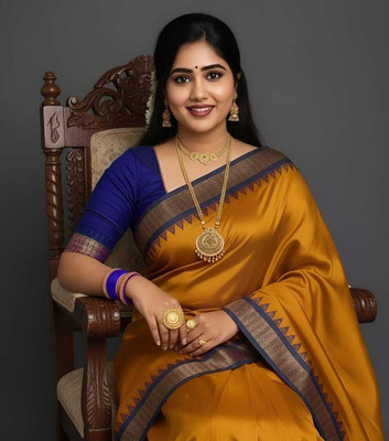 Tilfelle Temple Border, Solid/Plain Sambalpuri Silk Blend Saree(Mustard)