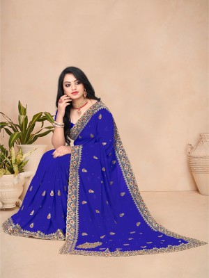 UMATEXFAB Embroidered Bollywood Georgette Saree(Blue)