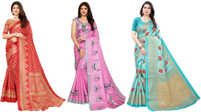 Nirvaan Printed Bollywood Art Silk Saree(Pack of 3, Red, Pink, Blue)