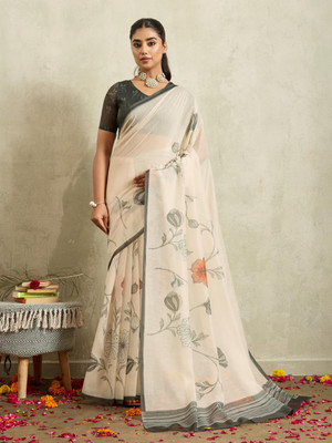 Rachna Floral Print Chanderi Cotton Blend Saree(Cream)