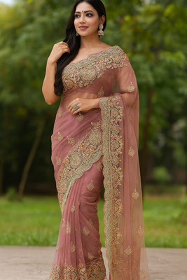 sareekraft Embellished, Embroidered, Floral Print Saree with Attached Blouse Net Saree(Pink)