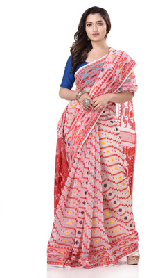 TANTLOOM Woven Jamdani Handloom Pure Cotton Saree(White)