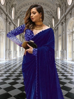 Aika Self Design Bollywood Velvet Saree(Blue)