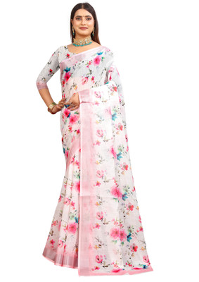 M MAANVIT Woven, Printed Kanjivaram Pure Cotton, Cotton Linen Saree(White)