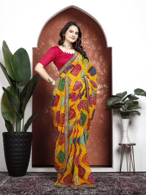 Kanooda Prints Embroidered Bandhani Georgette Saree(Multicolor)