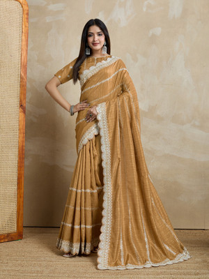 Tasrika Embroidered, Embellished Bollywood Silk Blend Saree(Mustard)