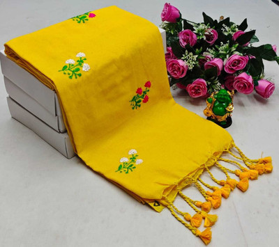 TWRIL Embroidered Handloom Pure Cotton Saree(Yellow)
