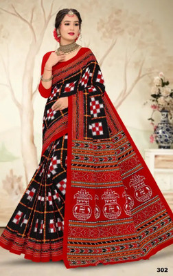 Odissi Fashion Printed Sambalpuri Pure Cotton Saree(Red)