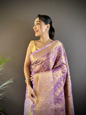SHARDHA FASHION Woven, Embroidered, Embellished Banarasi Pure Silk Saree(Black, Yellow, Purple, Multicolor)