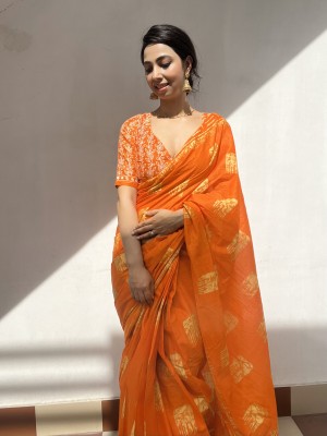 JAINICA Printed Daily Wear Cotton Blend Saree(Orange)