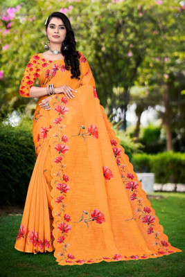 supalee tex Digital Print Bollywood Linen Saree(Gold)