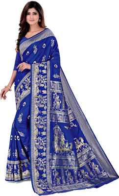 Vomira Woven Baluchari Pure Silk, Art Silk Saree(Dark Blue)