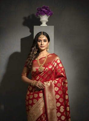 Tilfelle Woven, Embroidered Banarasi Satin Saree(Red)