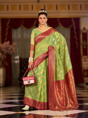 SWORNOF Printed Bollywood Linen Saree(Light Green)