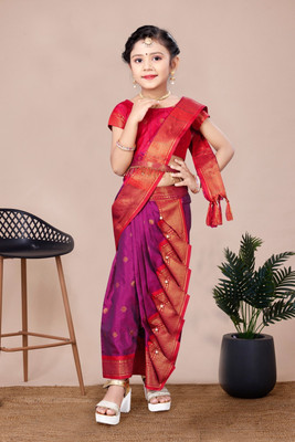 Ashmika Woven, Floral Print, Temple Border, Embellished Paithani Cotton Silk Saree(Purple)