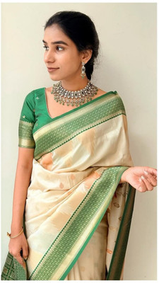 SHREEJA FASHION Woven, Temple Border, Self Design Kanjivaram Cotton Silk Saree(Green)