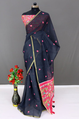 nirave fashion Printed Bollywood Linen, Cotton Blend Saree(Black)