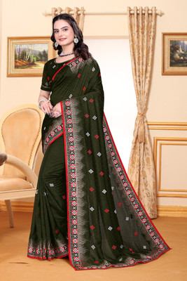 Mikhushop Embroidered Bollywood Silk Blend Saree(Green)