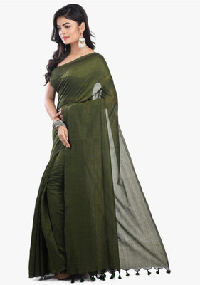 BongAp Self Design Handloom Cotton Blend Saree(Green)