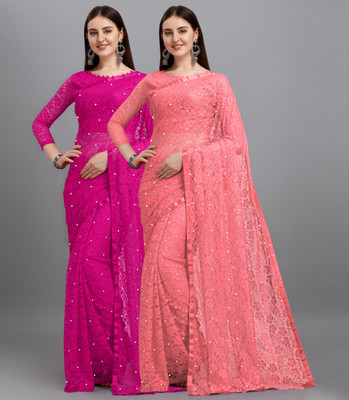 LOROFY Self Design Bollywood Net Saree(Pack of 2, Pink)