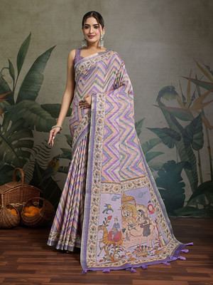 all about you Printed Saree with Attached Blouse Silk Blend Saree(Purple)