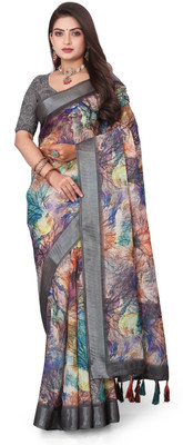 VPSLOENS Floral Print Bollywood Linen Saree(Multicolor)