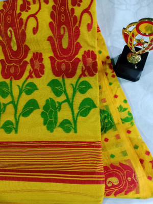 Soma Tant saree Mahal Self Design, Woven, Geometric Print Handloom Cotton Silk Saree(Yellow)