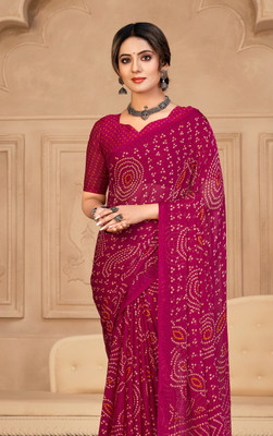 REBOOT FASHIONS Printed Bandhani Chiffon Saree(Magenta)