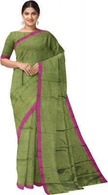 HARE KRISHNA ENTERPRISE Solid/Plain Handloom Cotton Silk Saree(Green)