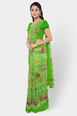 Classy Foriever Printed Daily Wear Cotton Blend Saree(Light Green)
