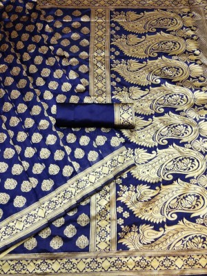 SWDHRM Woven, Self Design, Solid/Plain, Temple Border, Embellished, Embroidered, Floral Print Banarasi Jacquard, Cotton Silk Saree(Dark Blue)