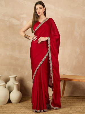 BLEESBURY Embroidered, Solid/Plain, Self Design Bollywood Chiffon Saree(Red)