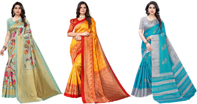 YASHIKA Printed, Woven Mysore Art Silk Saree(Pack of 3, Light Green, Yellow, Grey, Blue)