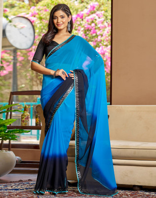 SIRIL Ombre, Solid/Plain, Embellished Bollywood Georgette Saree(Blue, Black)