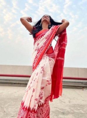 AARAANA Digital Print, Blocked Printed, Geometric Print Kanjivaram Linen, Cotton Linen Saree(White, Red)