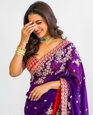 GOLDOLL FAB Embroidered Bollywood Silk Blend Saree(Purple)