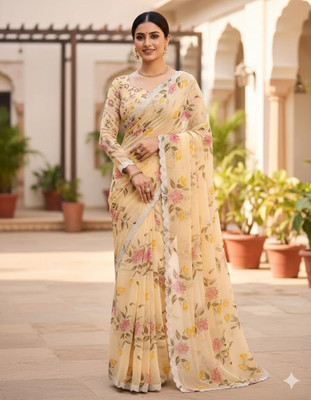 shree bhagyalaxmi creation Floral Print Bollywood Georgette Saree(Cream)