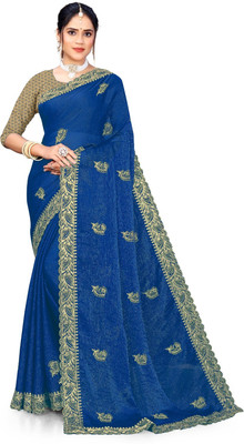 MAHALAXMI NAMAH Embroidered Saree with Attached Blouse Silk Blend, Chiffon Saree(Blue)