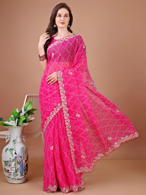 Divastri Printed Bandhani Georgette Saree(Pink)