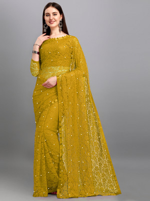 Indy Bliss Self Design Lucknow Chikankari Net Saree(Mustard)