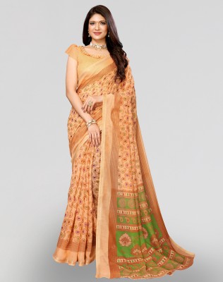 ANIRAV Printed Bollywood Cotton Linen Saree(Orange)